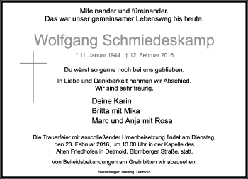 Anzeige  Wolfgang Schmiedeskamp  Lippische Landes-Zeitung