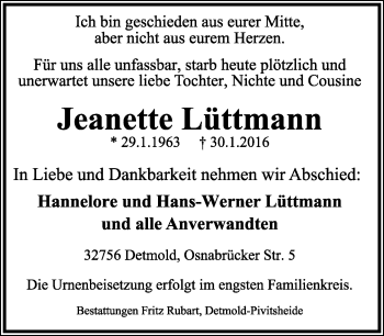 Anzeige  Jeanette Lüttmann  Lippische Landes-Zeitung