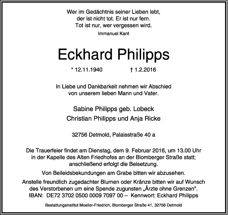  Traueranzeige für Eckhard Philipps vom 06.02.2016 aus Lippische Landes-Zeitung