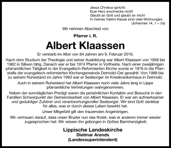 Anzeige  Albert Klaassen  Lippische Landes-Zeitung