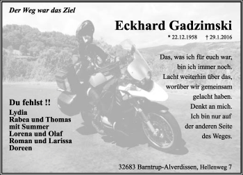 Anzeige  Eckhard Gadzimski  Lippische Landes-Zeitung
