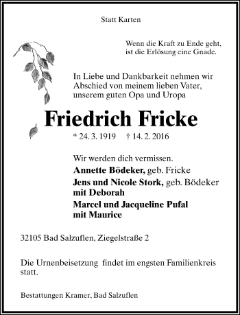 Anzeige  Friedrich Fricke  Lippische Landes-Zeitung