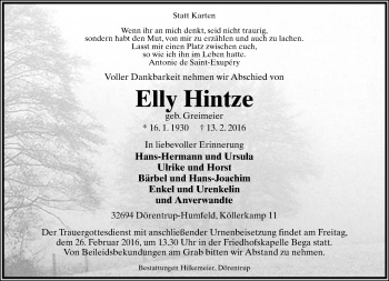 Anzeige  Elly Hintze  Lippische Landes-Zeitung