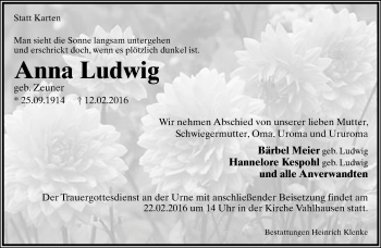 Anzeige  Anna Ludwig  Lippische Landes-Zeitung