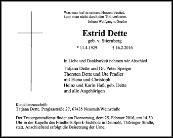 Anzeige  Estrid Dette  Lippische Landes-Zeitung