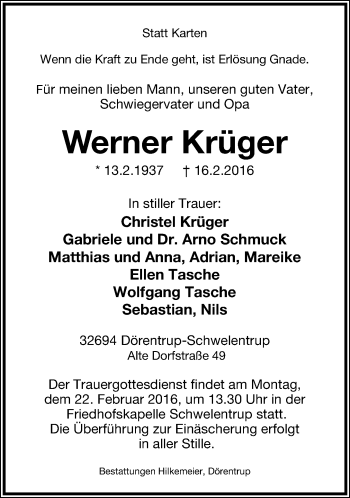 Anzeige  Werner Krüger  Lippische Landes-Zeitung