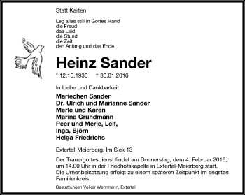 Anzeige  Heinz Sander  Lippische Landes-Zeitung