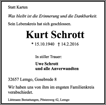 Anzeige  Kurt Schrott  Lippische Landes-Zeitung
