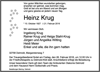 Anzeige  Heinz Krug  Lippische Landes-Zeitung