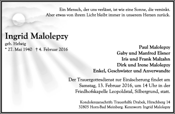 Anzeige  Ingrid Malolepzy  Lippische Landes-Zeitung