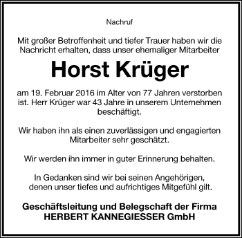 Anzeige  Horst Krüger  Lippische Landes-Zeitung