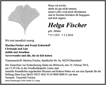 Anzeige  Helga Fischer  Lippische Landes-Zeitung