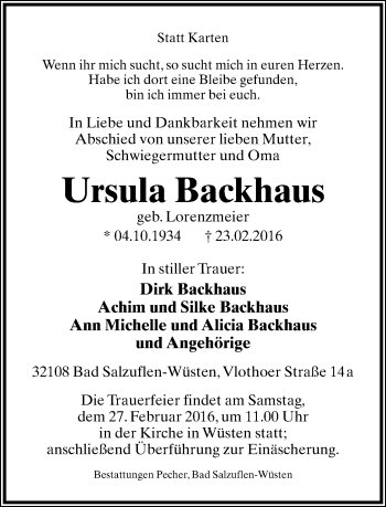 Anzeige  Ursula Backhaus  Lippische Landes-Zeitung
