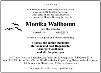 Anzeige  Monika Wallbaum  Lippische Landes-Zeitung