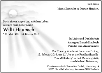 Anzeige  Willi Haubach  Lippische Landes-Zeitung