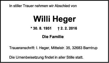 Anzeige  Willi Heger  Lippische Landes-Zeitung