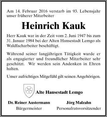 Anzeige  Heinrich Kauk  Lippische Landes-Zeitung