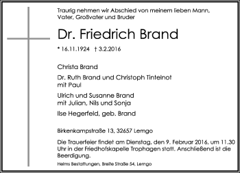 Anzeige  Friedrich Brand  Lippische Landes-Zeitung