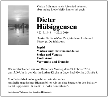 Anzeige  Dieter Hülsiggensen  Lippische Landes-Zeitung