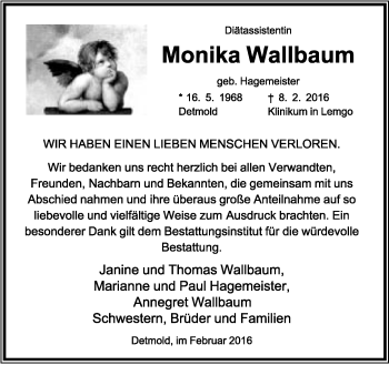 Anzeige  Monika Wallbaum  Lippische Landes-Zeitung