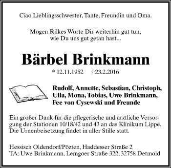 Anzeige  Bärbel Brinkmann  Lippische Landes-Zeitung