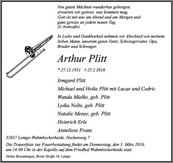 Anzeige  Arthur Plitt  Lippische Landes-Zeitung