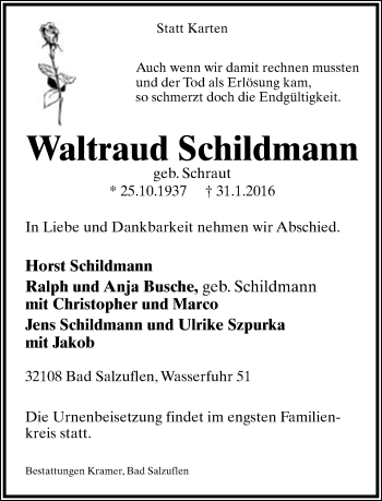 Anzeige  Waltraud Schildmann  Lippische Landes-Zeitung