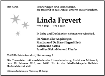 Anzeige  Linda Frevert  Lippische Landes-Zeitung