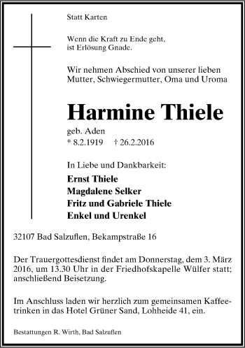Anzeige  Harmine Thiele  Lippische Landes-Zeitung