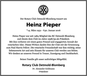 Anzeige  Heinz Pieper  Lippische Landes-Zeitung