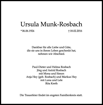 Anzeige  Ursula Munk-Rosbach  Lippische Landes-Zeitung