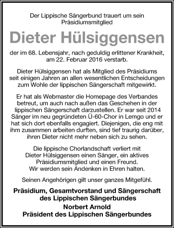 Anzeige  Dieter Hülsiggensen  Lippische Landes-Zeitung
