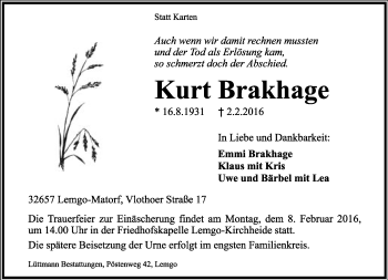 Anzeige  Kurt Brakhage  Lippische Landes-Zeitung