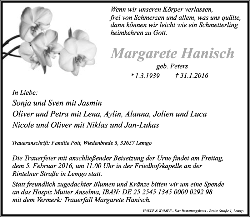 Traueranzeige für Margarete Hanisch vom 02.02.2016 aus Lippische Landes-Zeitung