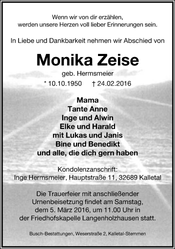 Anzeige  Monika Zeise  Lippische Landes-Zeitung