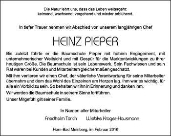 Anzeige  Heinz Pieper  Lippische Landes-Zeitung