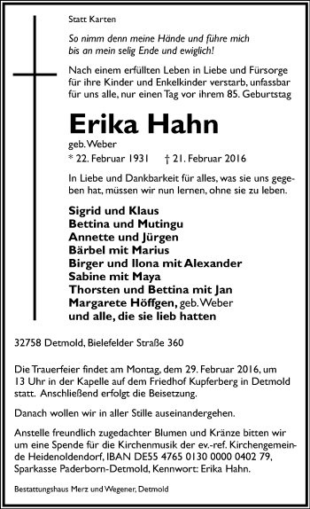 Anzeige  Erika Hahn  Lippische Landes-Zeitung