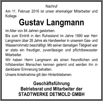 Anzeige  Gustav Langmann  Lippische Landes-Zeitung