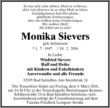Anzeige  Monika Sievers  Lippische Landes-Zeitung