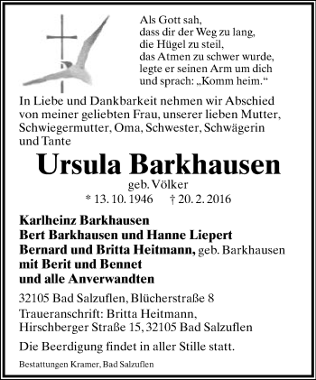 Anzeige  Ursula Barkhausen  Lippische Landes-Zeitung