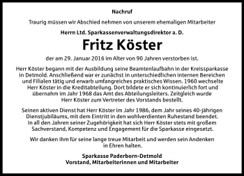 Anzeige  Fritz Köster  Lippische Landes-Zeitung