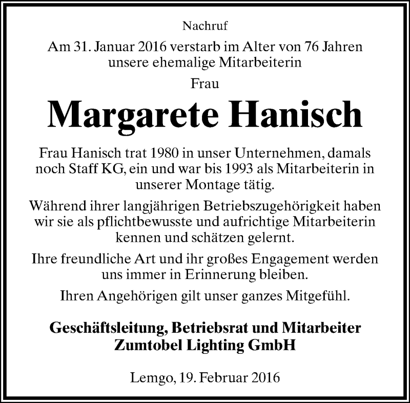  Traueranzeige für Margarete Hanisch vom 22.02.2016 aus Lippische Landes-Zeitung