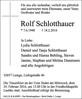 Anzeige  Rolf Schlotthauer  Lippische Landes-Zeitung