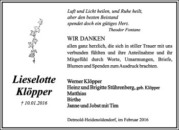 Anzeige  Lieselotte Klöpper  Lippische Landes-Zeitung