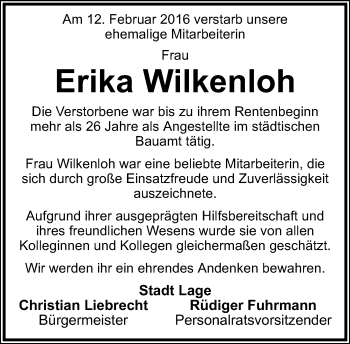 Anzeige  Erika Wilkenloh  Lippische Landes-Zeitung