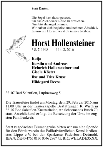Anzeige  Horst Hollensteiner  Lippische Landes-Zeitung