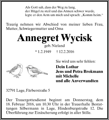 Anzeige  Annegret Wycisk  Lippische Landes-Zeitung