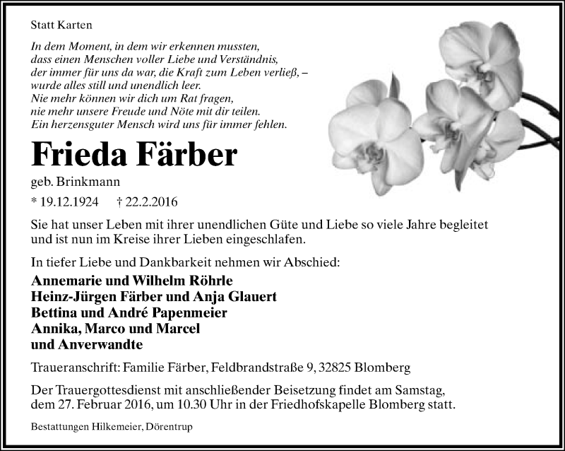  Traueranzeige für Frieda Färber vom 24.02.2016 aus Lippische Landes-Zeitung