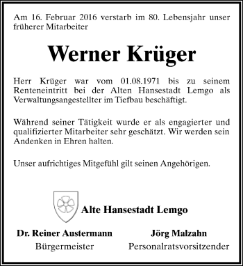 Anzeige  Werner Krüger  Lippische Landes-Zeitung