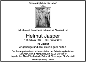 Anzeige  Helmut Jasper  Lippische Landes-Zeitung
